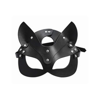 Black faux leather cat mask with pointed ears, silver metal rivets, and an adjustable strap, shown against a plain white background.