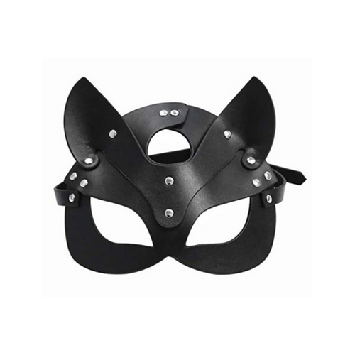 Black faux leather cat mask with pointed ears, silver metal rivets, and an adjustable strap, shown against a plain white background.